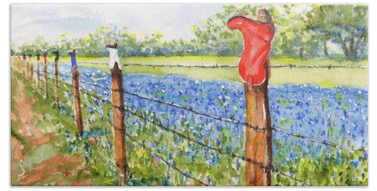 Texas Hand Towel featuring the painting Texas Bluebonnets Boot Fence by Carlin Blahnik CarlinArtWatercolor