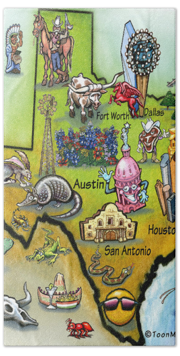 Texas Bath Towel featuring the digital art Texas Cartoon Map by Kevin Middleton