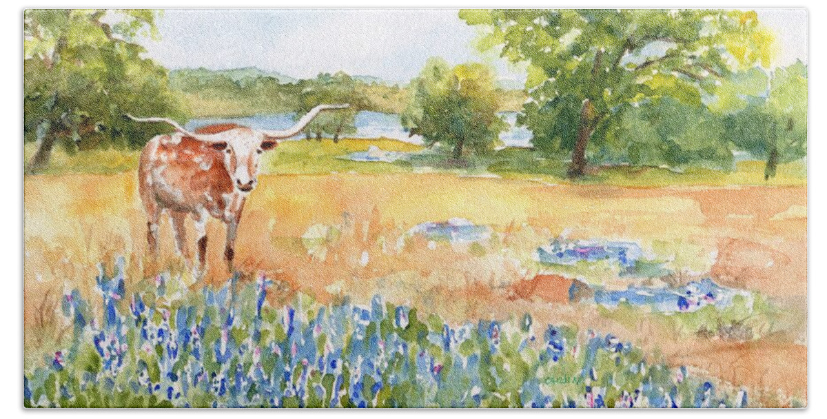 Longhorn Hand Towel featuring the painting Texas Longhorn and Bluebonnets by Carlin Blahnik CarlinArtWatercolor