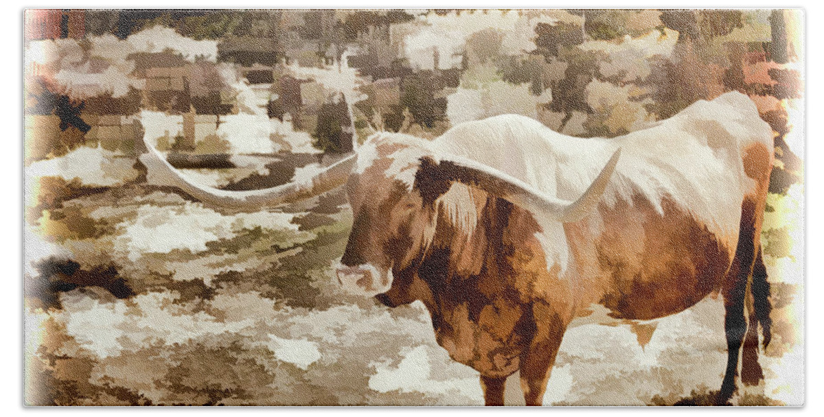 Texas Longhorn Bath Towel featuring the painting Texas Longhorn Cattle 5314.07 by M K Miller