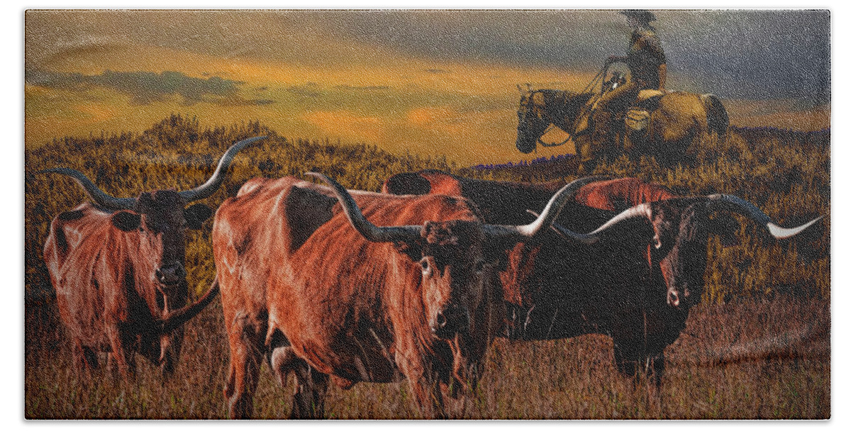 Longhorn Bath Towel featuring the photograph Texas Longhorn Steers and Cowboy at Sunset by Randall Nyhof