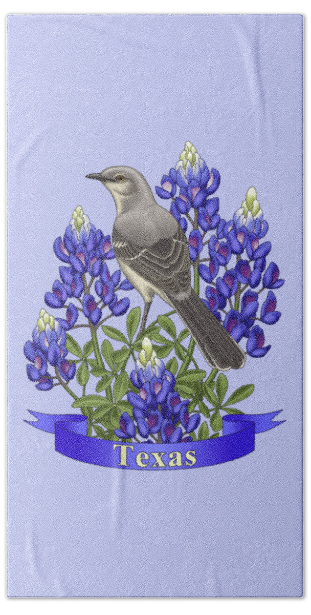 Birds Hand Towel featuring the painting Texas State Mockingbird and Bluebonnet Flower by Crista Forest