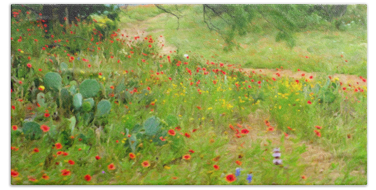 Texas Wildflowers Bath Towel featuring the photograph Texas Wildflowers and Cactus - Country Road by Rebecca Korpita
