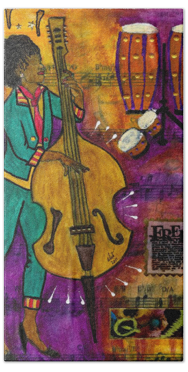 Greeting Cards Hand Towel featuring the mixed media That Sistah on the Bass by Angela L Walker