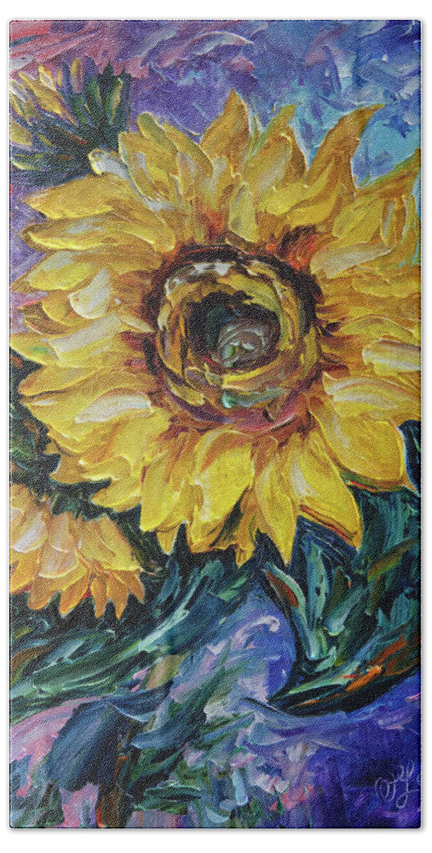 Olena Art Hand Towel featuring the painting That Sunflower From The Sunflower State Palette Knife Technique by OLena Art