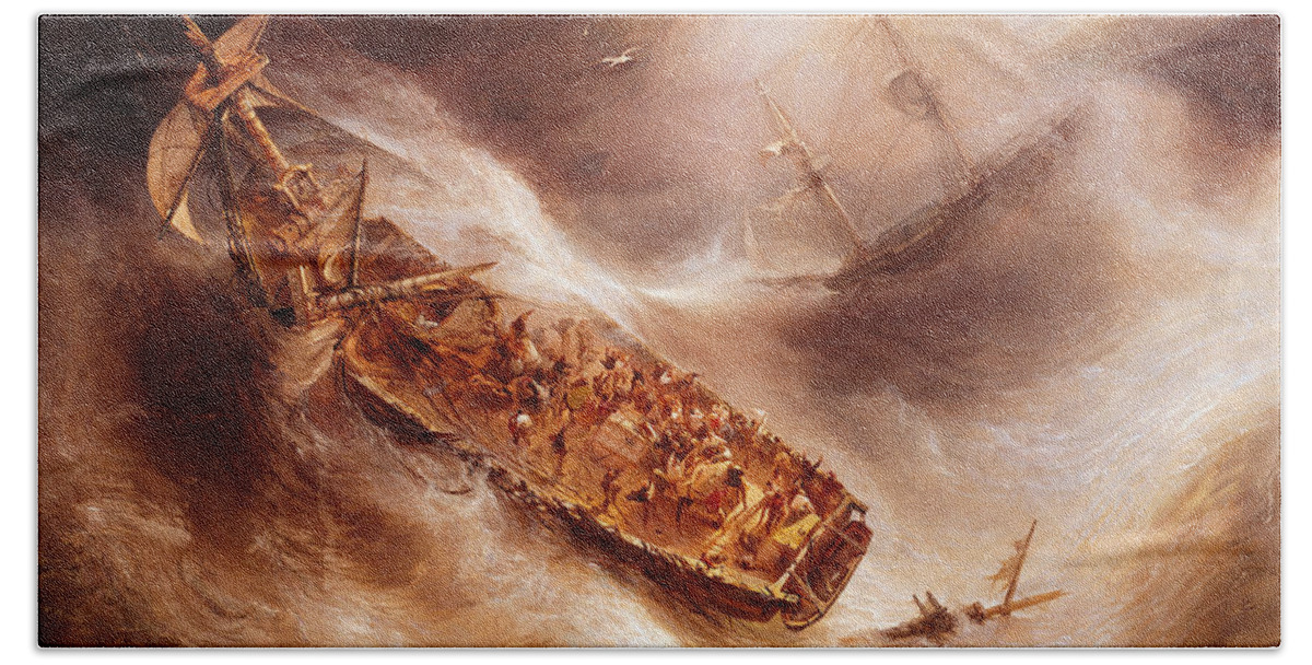 The Bath Towel featuring the painting The Act of Sacrifice made by Captain Desse towards the Dutch ship Columbus by Jean Antoine Theodore Gudin