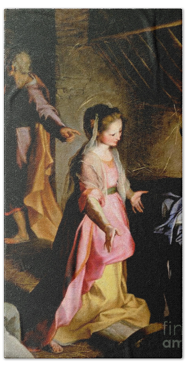 Nativity Hand Towel featuring the painting The Adoration of the Child by Federico Fiori Barocci or Baroccio
