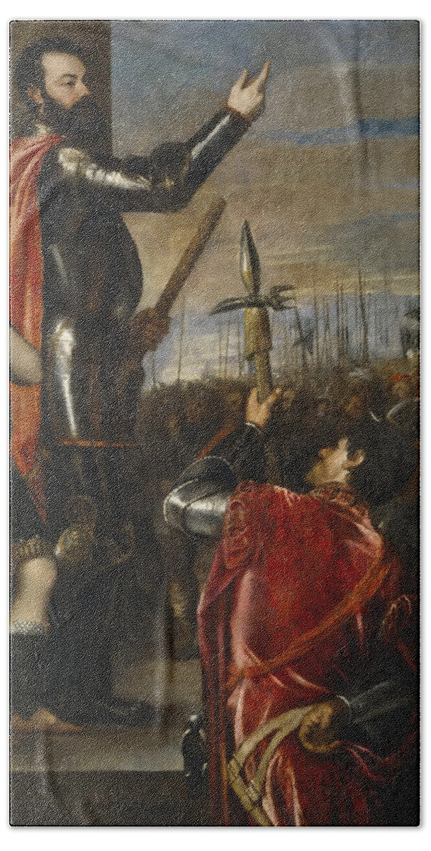 Titian Bath Towel featuring the painting The Allocution of the Marquis del Vasto to his Troops by Titian