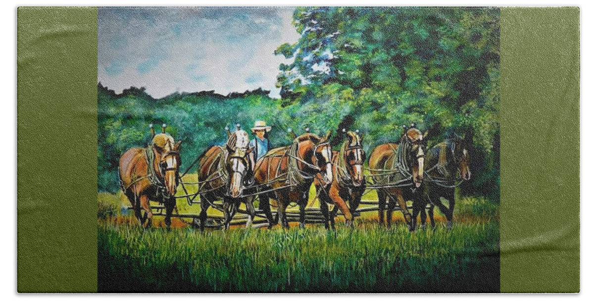 Amish Bath Towel featuring the painting The Amish Team by Mike Benton
