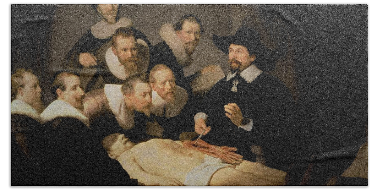 The Hand Towel featuring the painting The Anatomy Lesson of Doctor Nicolaes Tulp by Rembrandt Harmenszoon van Rijn