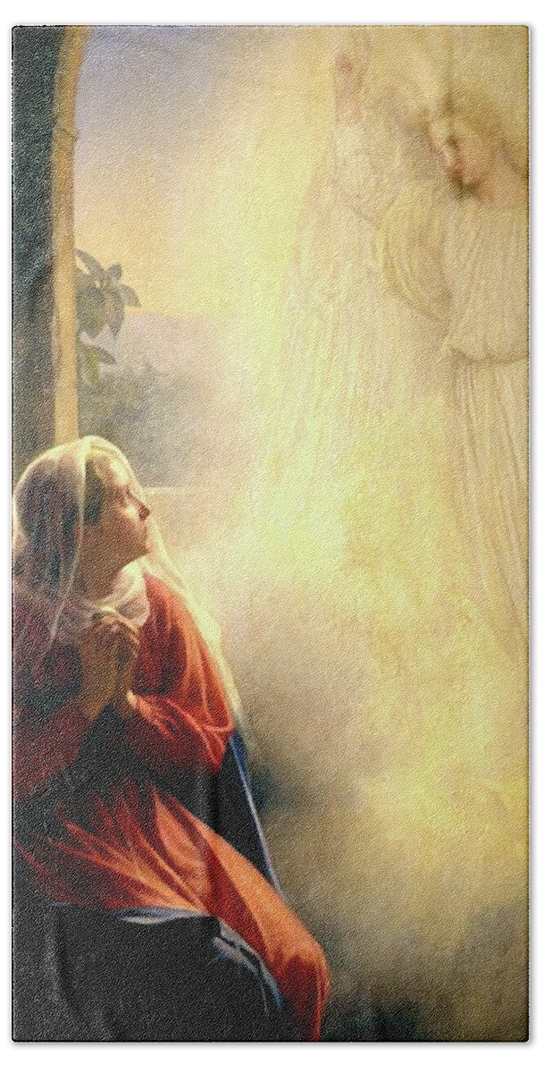 The Annunciation Bath Towel featuring the mixed media The Annunication Virgin Mary Archangel Gabriel by Carl Bloch