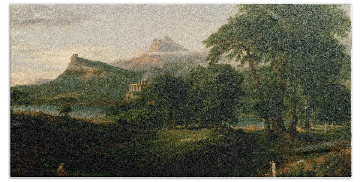 Thomas Cole Hand Towel featuring the painting The Arcadian or Pastoral State by Thomas Cole