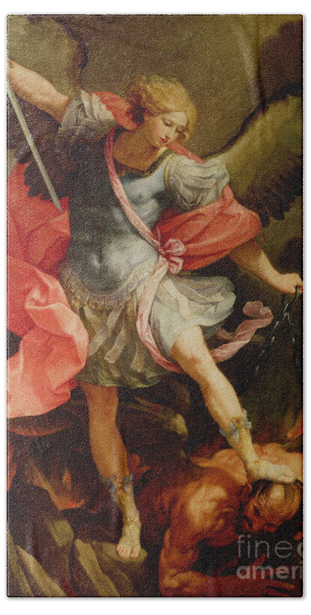 The Bath Towel featuring the painting The Archangel Michael defeating Satan by Guido Reni