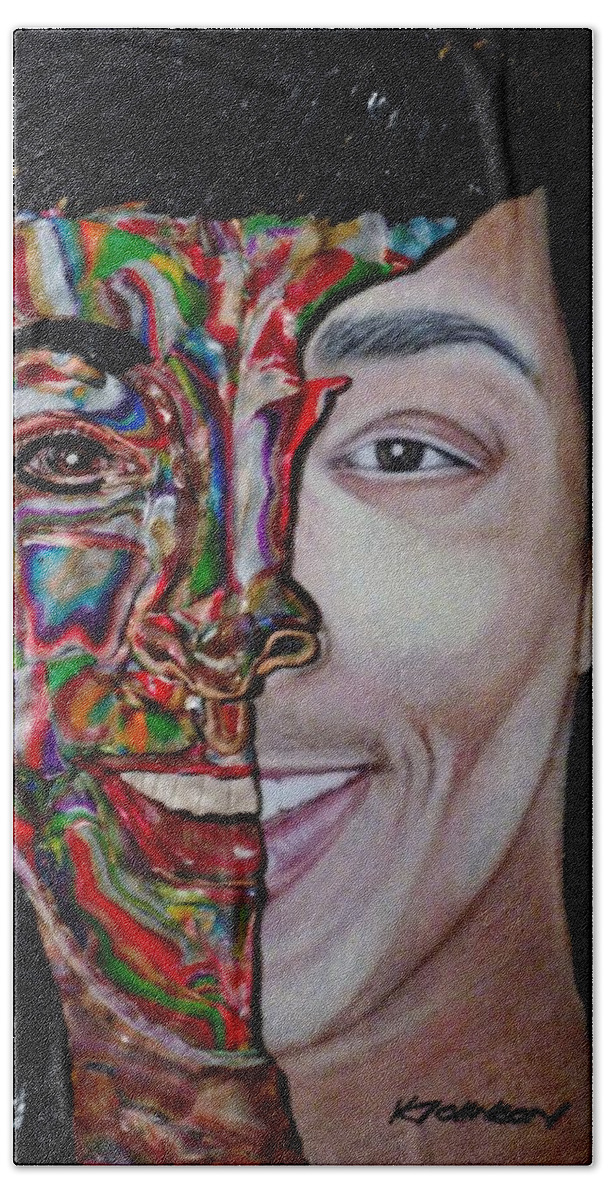 Portrait Bath Towel featuring the mixed media The Artist Within by Deborah Stanley