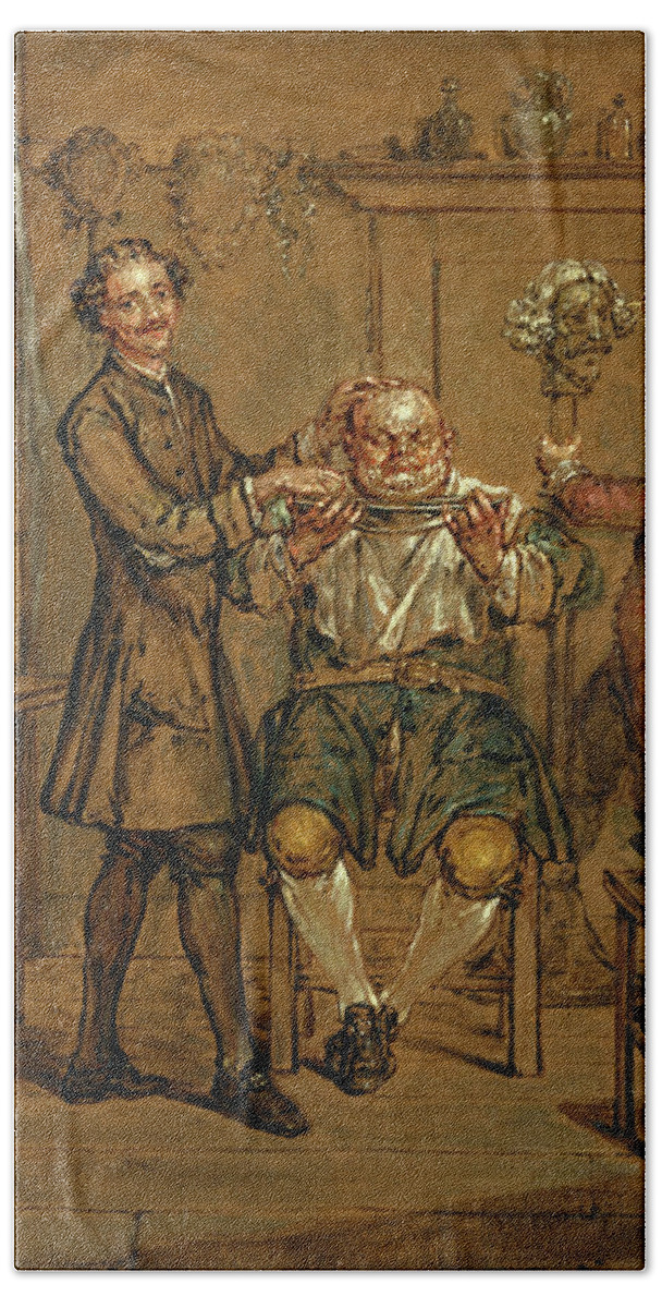 Marcellus Laroon The Younger Bath Towel featuring the painting The Barber by Marcellus Laroon the Younger