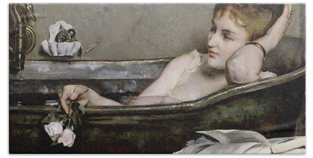 Alfred George Stevens Hand Towel featuring the painting The Bath by Alfred George Stevens