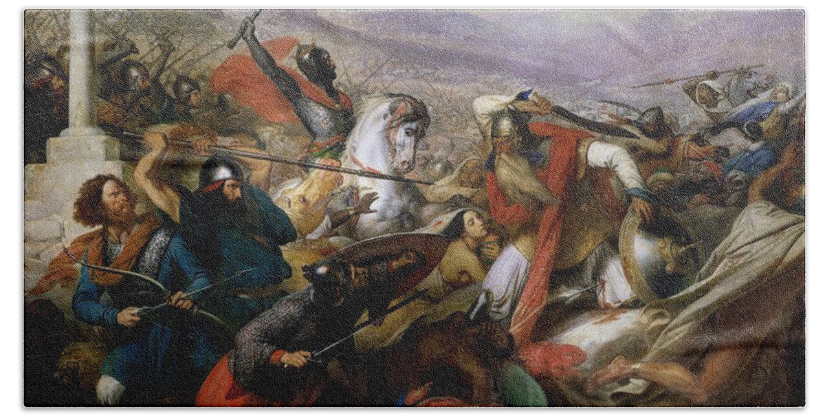 Poitiers Hand Towel featuring the painting The Battle of Poitiers by Charles Auguste Steuben