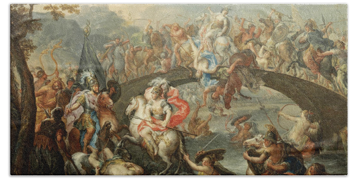 Johann Georg Platzer Bath Towel featuring the painting The Battle Of The Amazons by Johann Georg Platzer