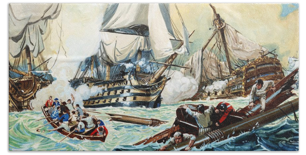 The Battle Of Trafalgar; Ships ;boats; Swimmers Bath Towel featuring the painting The battle of Trafalgar by English School