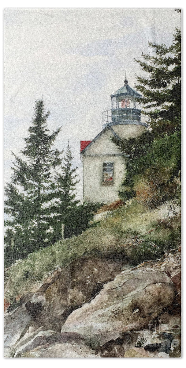 The Bass Harbor Lighthouse On The Coast Of Maine In The Summer Hand Towel featuring the painting The Beacon by Monte Toon