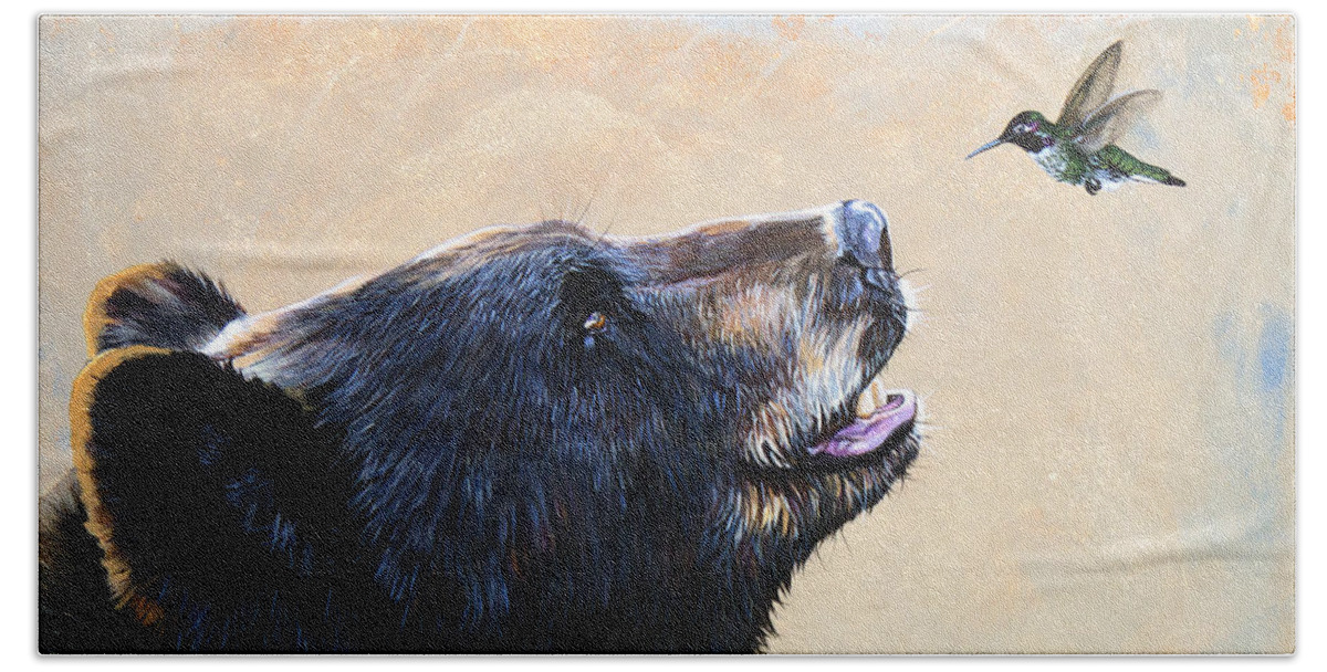 Bear Hand Towel featuring the painting The Bear and the Hummingbird by J W Baker