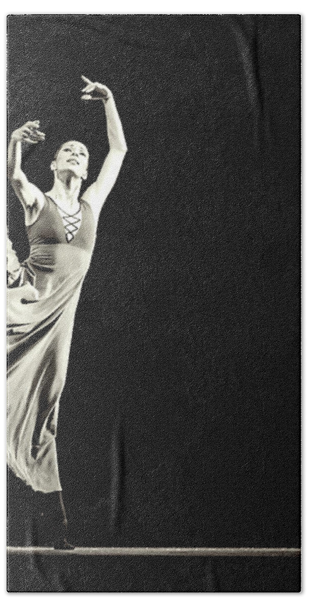 Ballet Bath Towel featuring the photograph The beautiful ballerina dancing in long dress by Dimitar Hristov