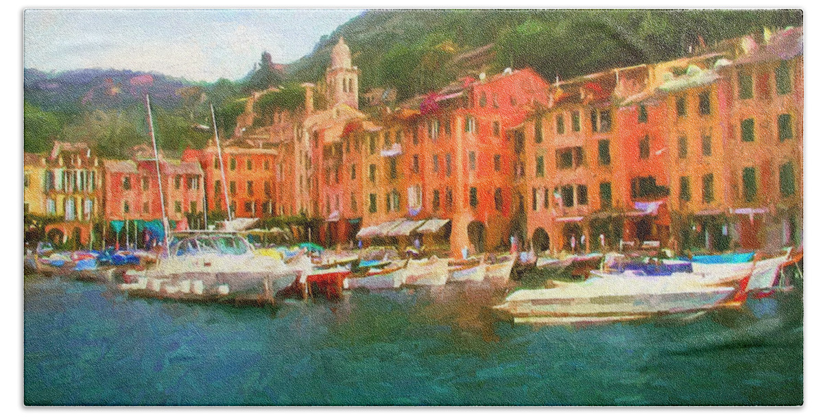 Painting Hand Towel featuring the painting The Beautiful Harbor of Portofino by Mitchell R Grosky