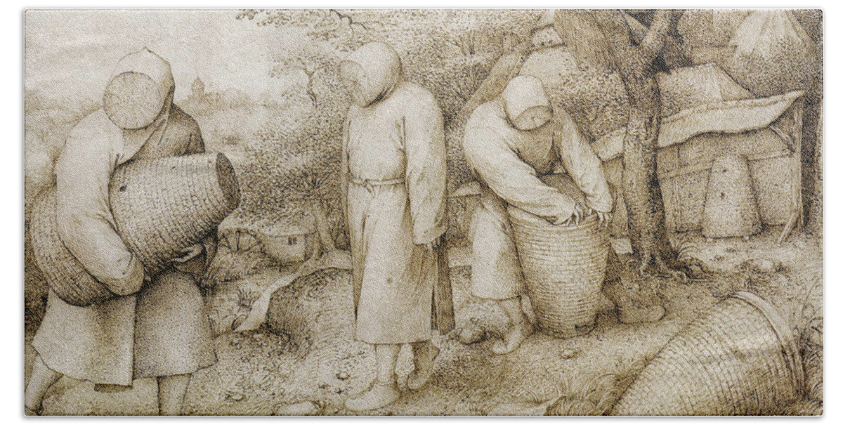 Netherlandish Painters Bath Towel featuring the drawing The Beekeepers and the Birdnester by Pieter Bruegel the Elder