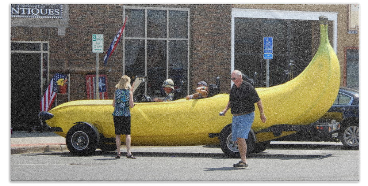 Banana Bath Towel featuring the photograph The Big Banana Car Stops By by Kent Lorentzen