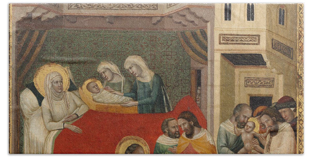 Giovanni Baronzio Bath Towel featuring the painting The Birth Naming and Circumcision of Saint John the Baptist by Giovanni Baronzio