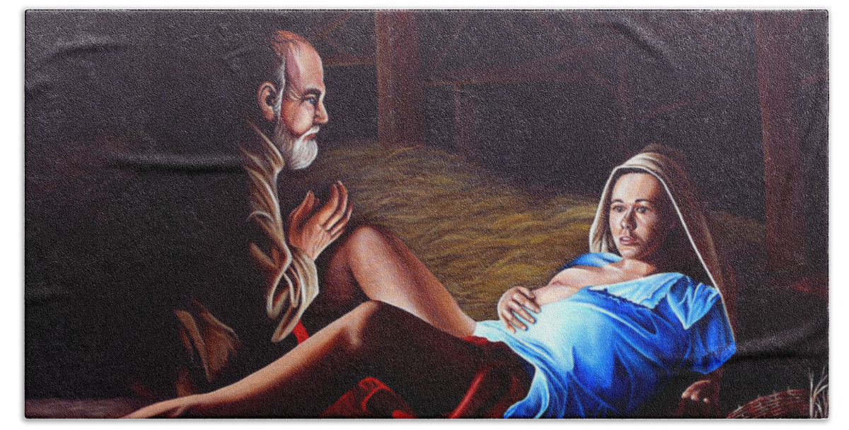 Virgin Mary Bath Towel featuring the painting The Birth by Vic Ritchey