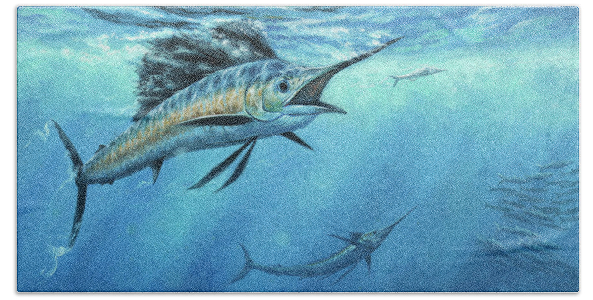 Sailfish Paintings Bath Towel featuring the painting The Bite by Guy Crittenden