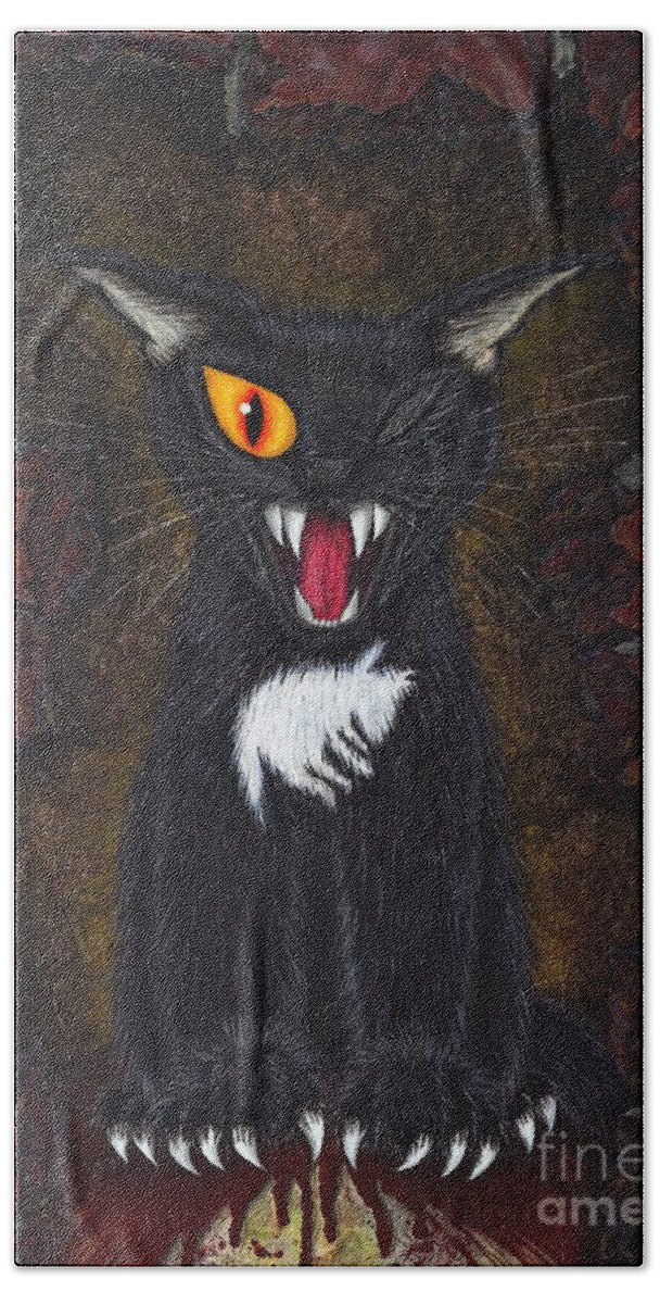 Black Cat Hand Towel featuring the painting The Black Cat Edgar Allan Poe by Carrie Hawks