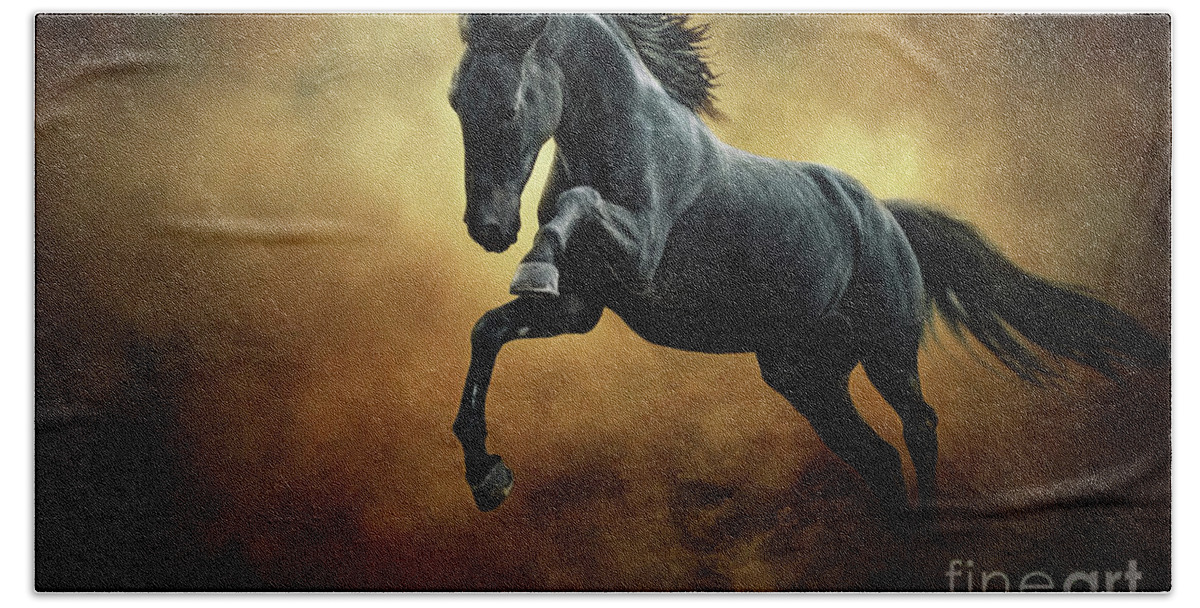 Horse Bath Towel featuring the photograph The Black Stallion in Dust by Dimitar Hristov