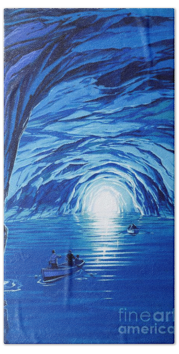 Blue Grotto; Capri; La Grotta Azzurra; Italy; Cave; Sea; Mediterranean; Blue; Colour Hand Towel featuring the painting The Blue Grotto in Capri by McBride Angus by Angus McBride