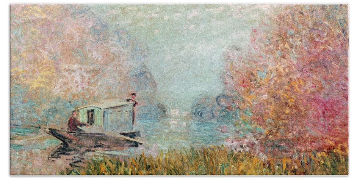 The Bath Towel featuring the painting The Boat Studio on the Seine by Claude Monet