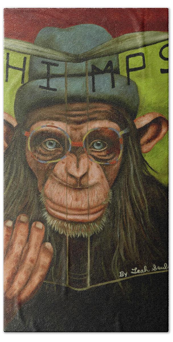 Chimp Hand Towel featuring the painting The Book Of Chimps by Leah Saulnier The Painting Maniac