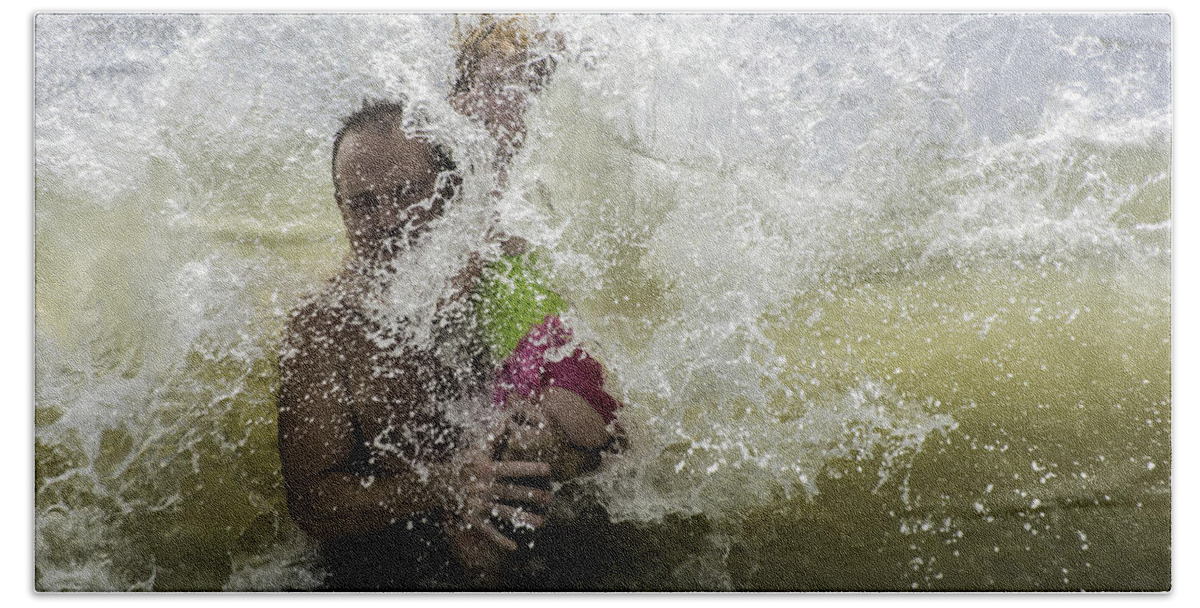 Ocean Beach Wave Surf Family Father Daughter Hand Towel featuring the photograph The Boom by WAZgriffin Digital