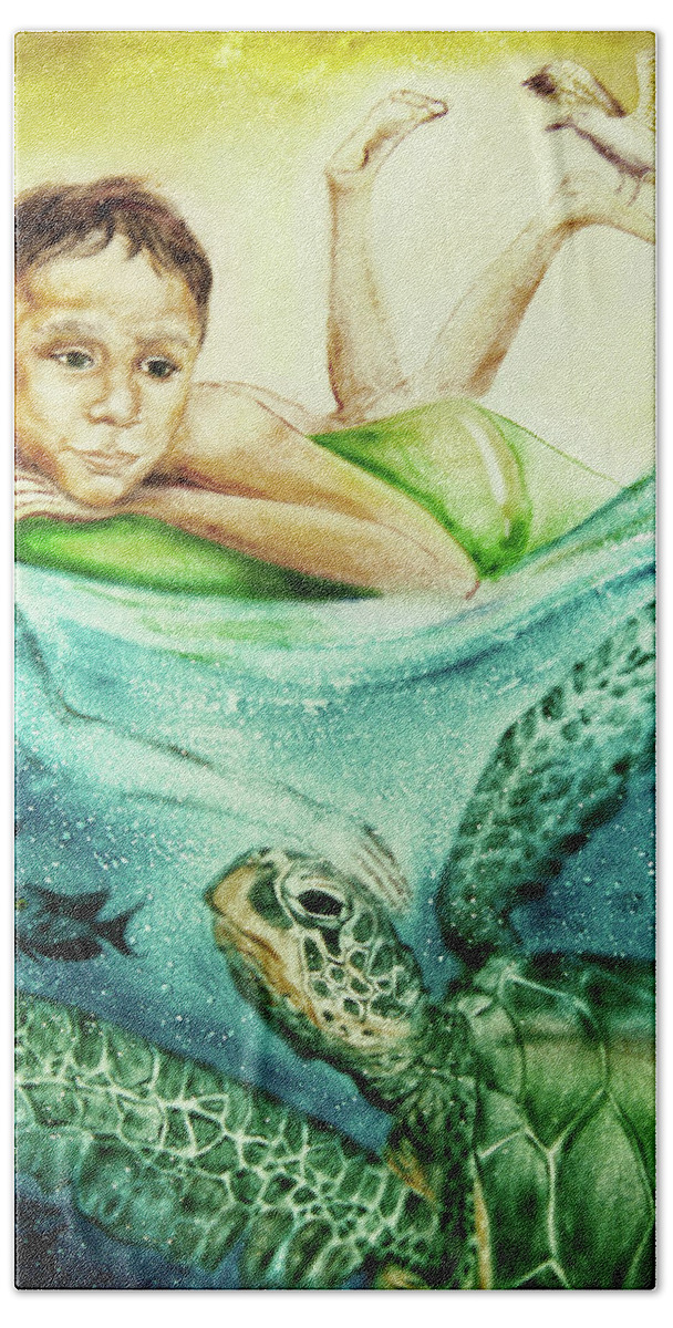 Russian Artists New Wave Hand Towel featuring the painting The Boy and the Turtle by Elena Vedernikova
