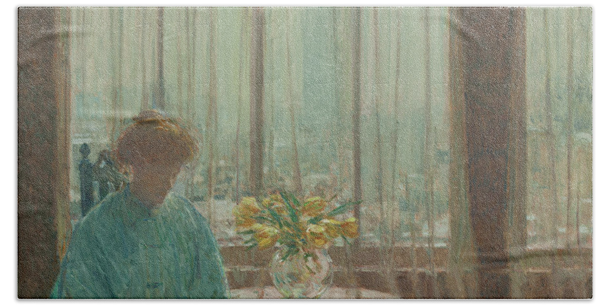 The Breakfast Room Hand Towel featuring the painting The Breakfast Room, Winter Morning, 1911 by Childe Hassam