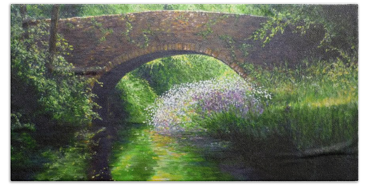Bridge Bath Towel featuring the painting The Bridge where two Souls meet... by Lizzy Forrester