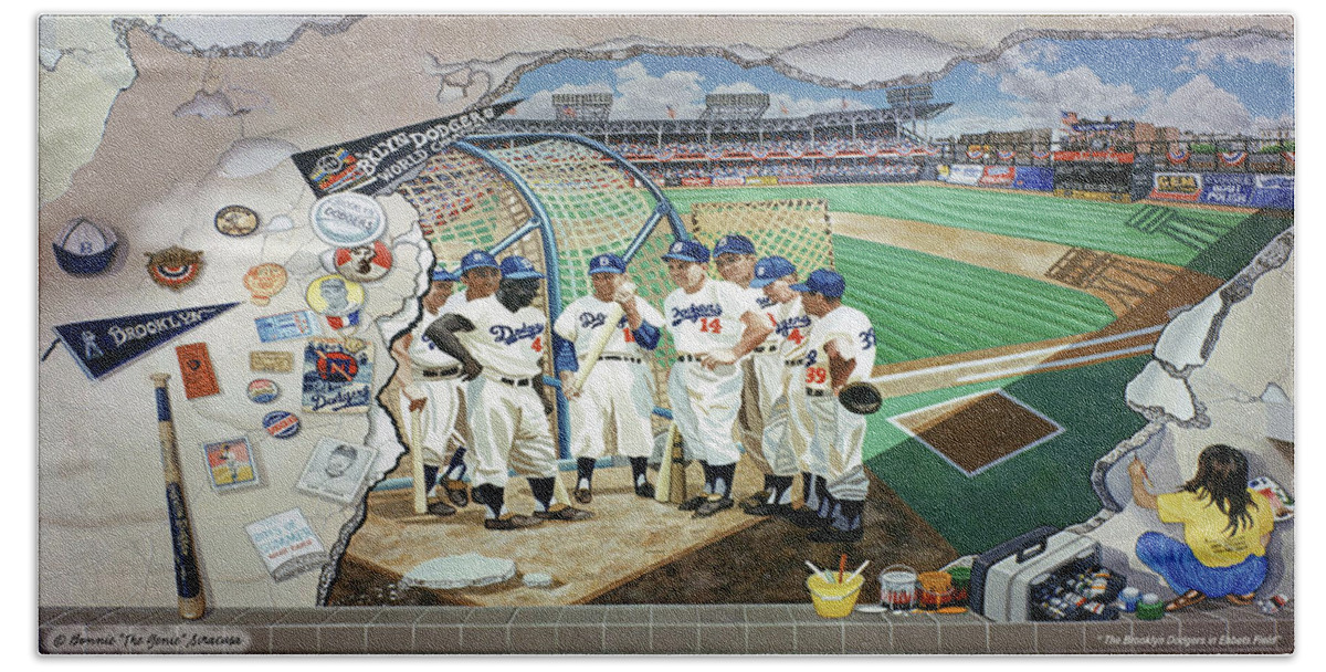 Brooklyn Dodgers Hand Towel featuring the painting The Brooklyn Dodgers in Ebbets Field towel version by Bonnie Siracusa