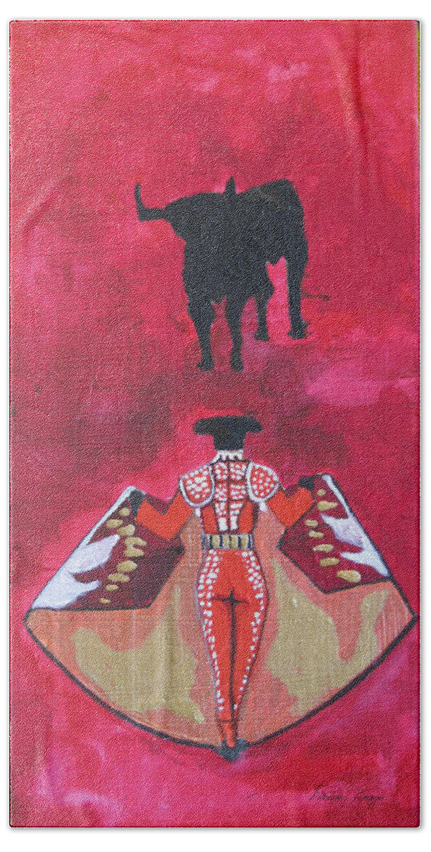 Spanish Art Bath Towel featuring the painting The Bull Fight NO.1 by Patricia Arroyo