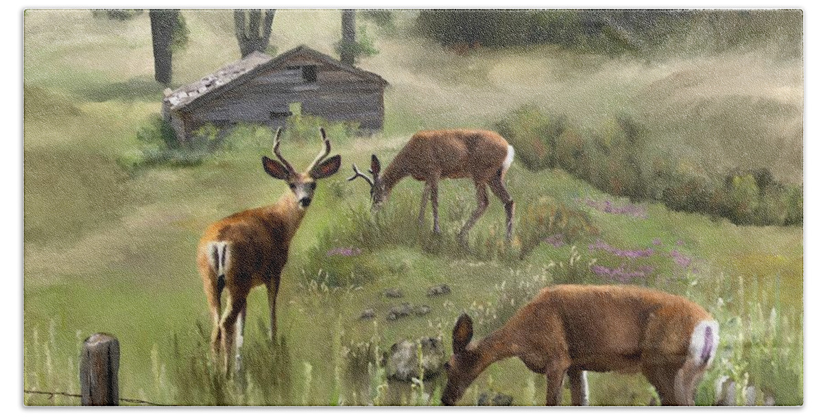 Deer Hand Towel featuring the painting The Calm by Susan Kinney