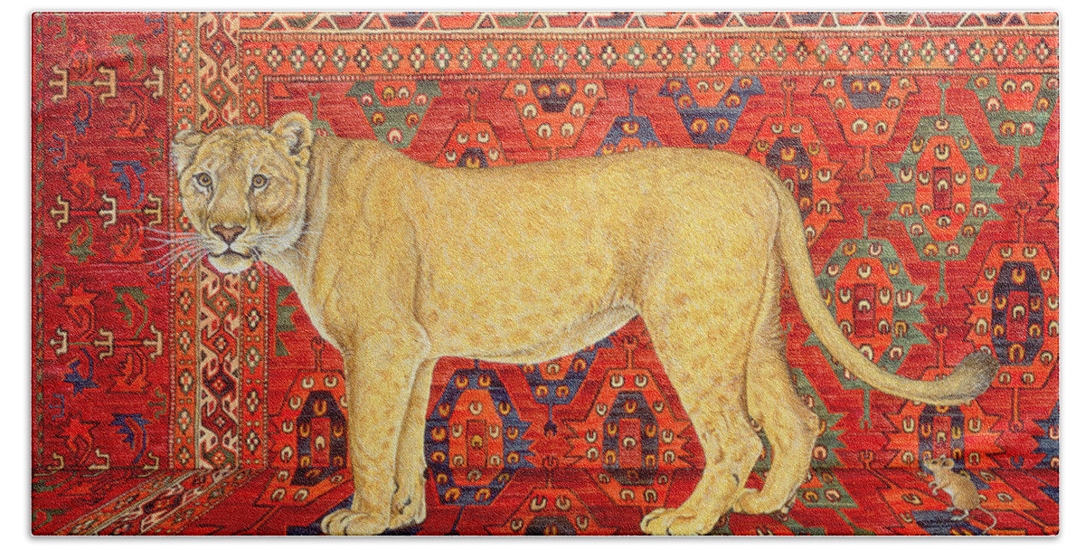 Lion Bath Towel featuring the painting The Carpet Mouse by Ditz