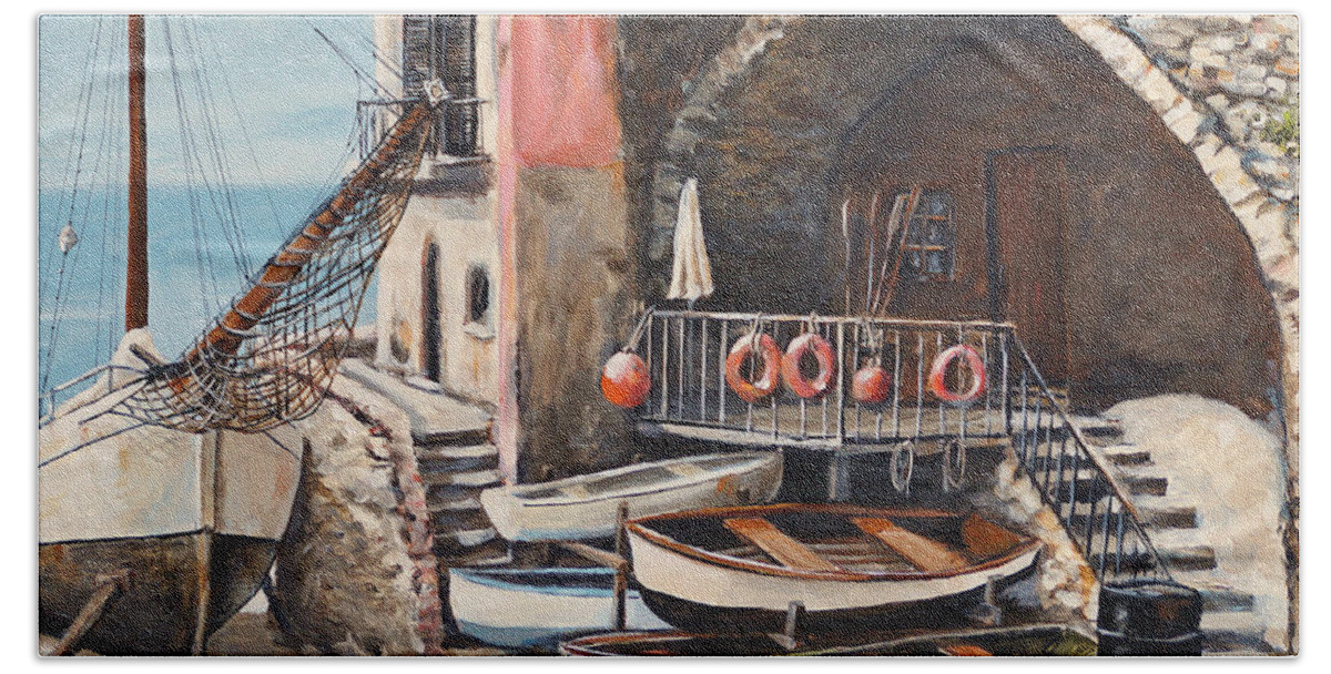 Boats Bath Towel featuring the painting The Chandler by Alan Lakin