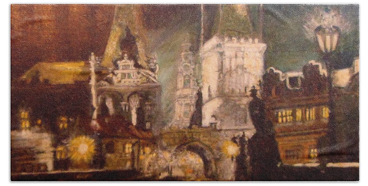 The Charles Bridge Hand Towel featuring the painting The Charles Bridge in Prague at Night by Greta Gartner