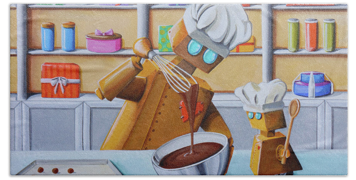Robots Bath Towel featuring the painting The Chocolatiers by Cindy Thornton