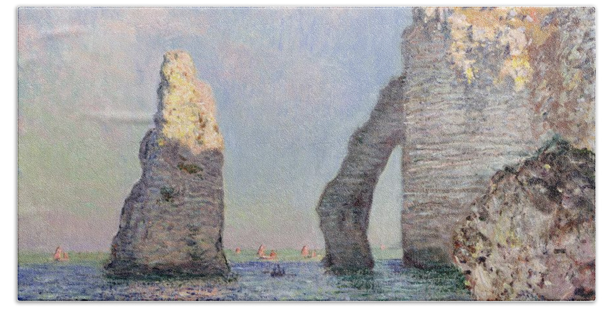 The Cliffs At Etretat Bath Sheet featuring the painting The Cliffs at Etretat by Claude Monet