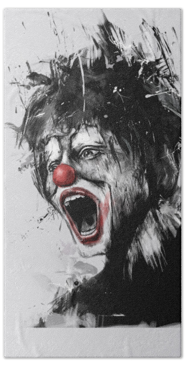 Clown Hand Towel featuring the mixed media The Clown by Balazs Solti